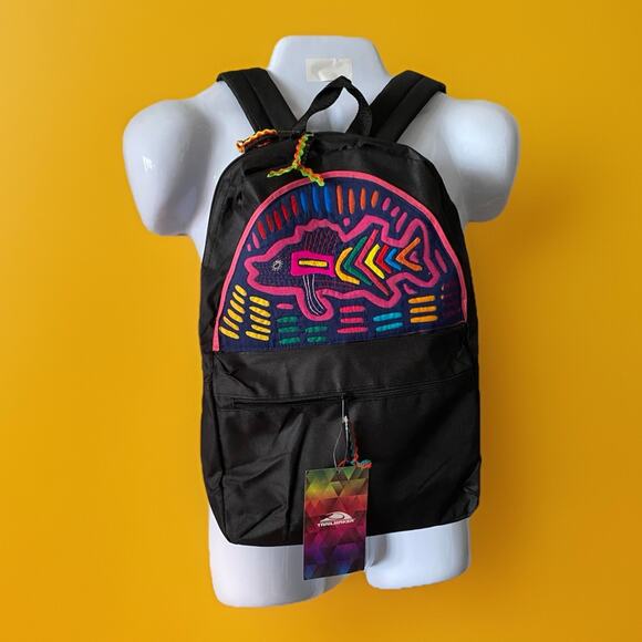 Trailmaker Black Backpack Upstyled with Panama Mola Fish 16" x 12" - Picture 1 of 6